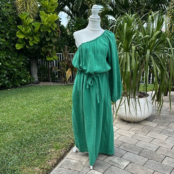 J & L PARIS GREEN COTTON ONE SHOULDER DRESS WITH BELT - Picture 1 of 12